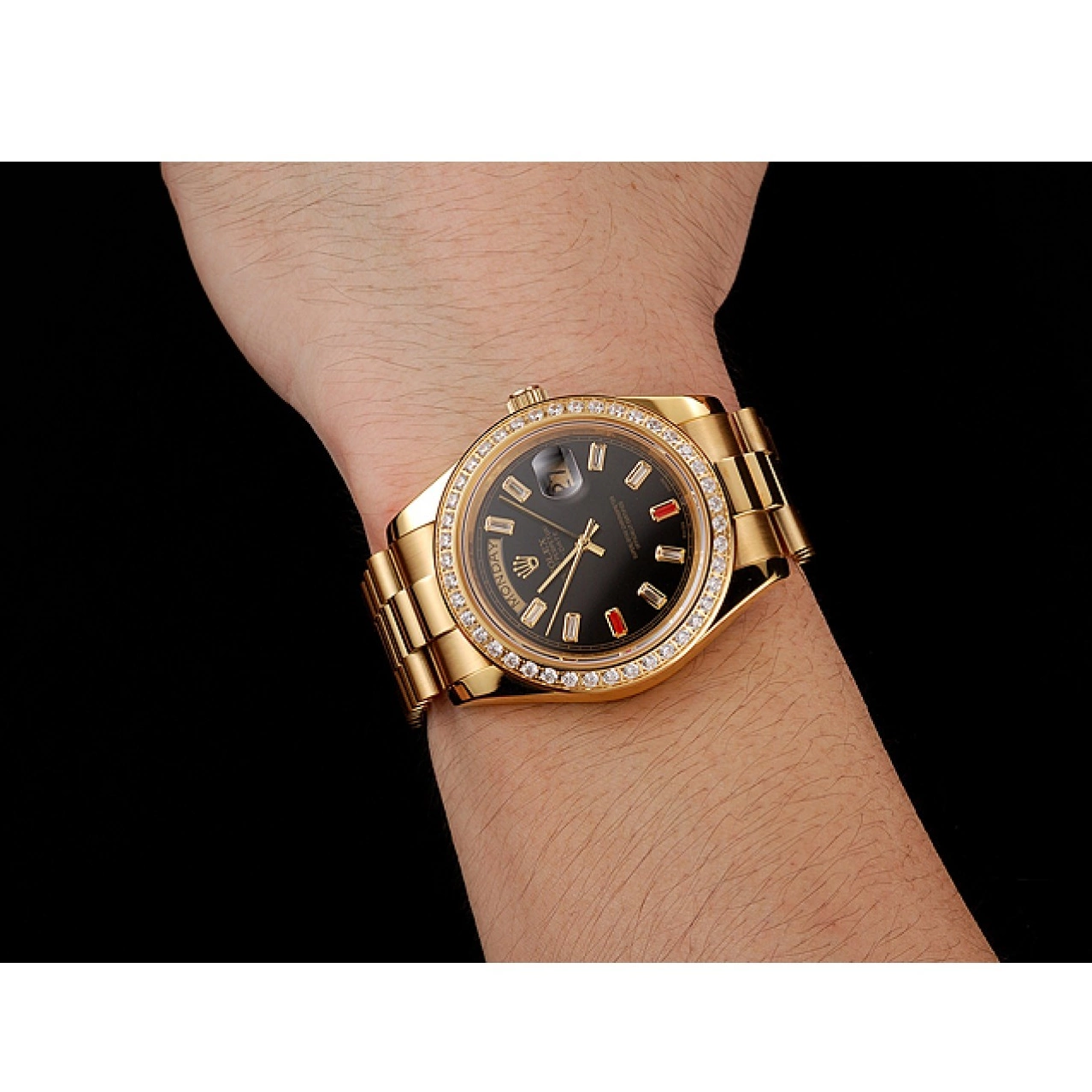 Aaa fake watches Dial Gold Rolex Bracelet Rubies Diamonds Black 1454101 Day-Date And Swiss 0624